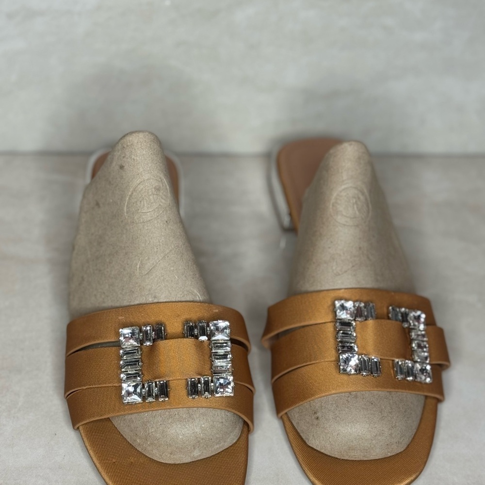 Tan Crystal Buckle Slide Sandals - Women